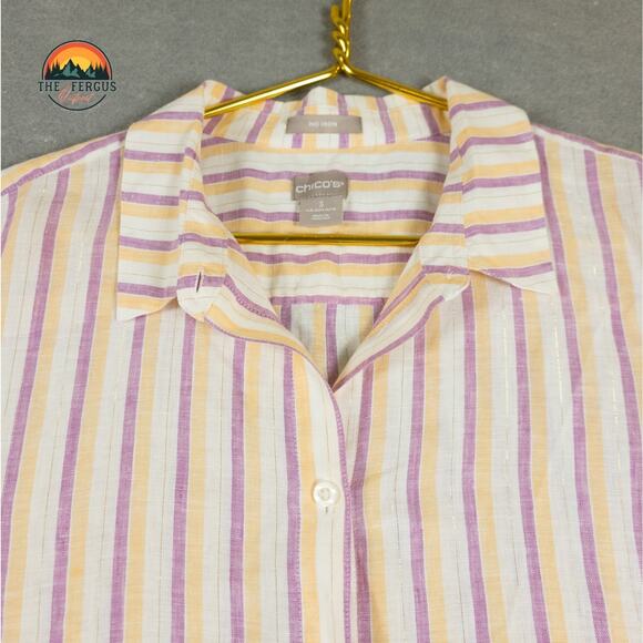 Chicos Striped 100% Linen Pink No Iron Button Up Shirt Plus Women's Sz 3 (16/18) - Picture 3 of 11